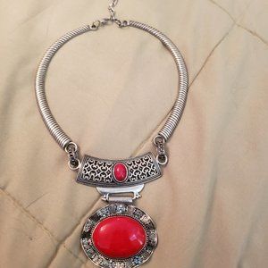 Silver and Red stone Necklace